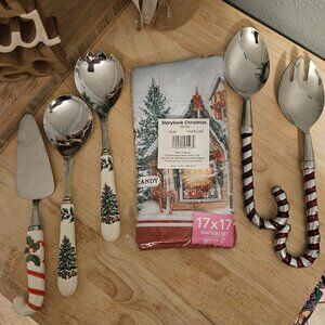 Lot of Christmas Holiday serving utensils and napkins.